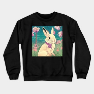 Flowers of Lotus with Cute Bunny Rabbit Vintage Cottagecore Animal Pet Crewneck Sweatshirt